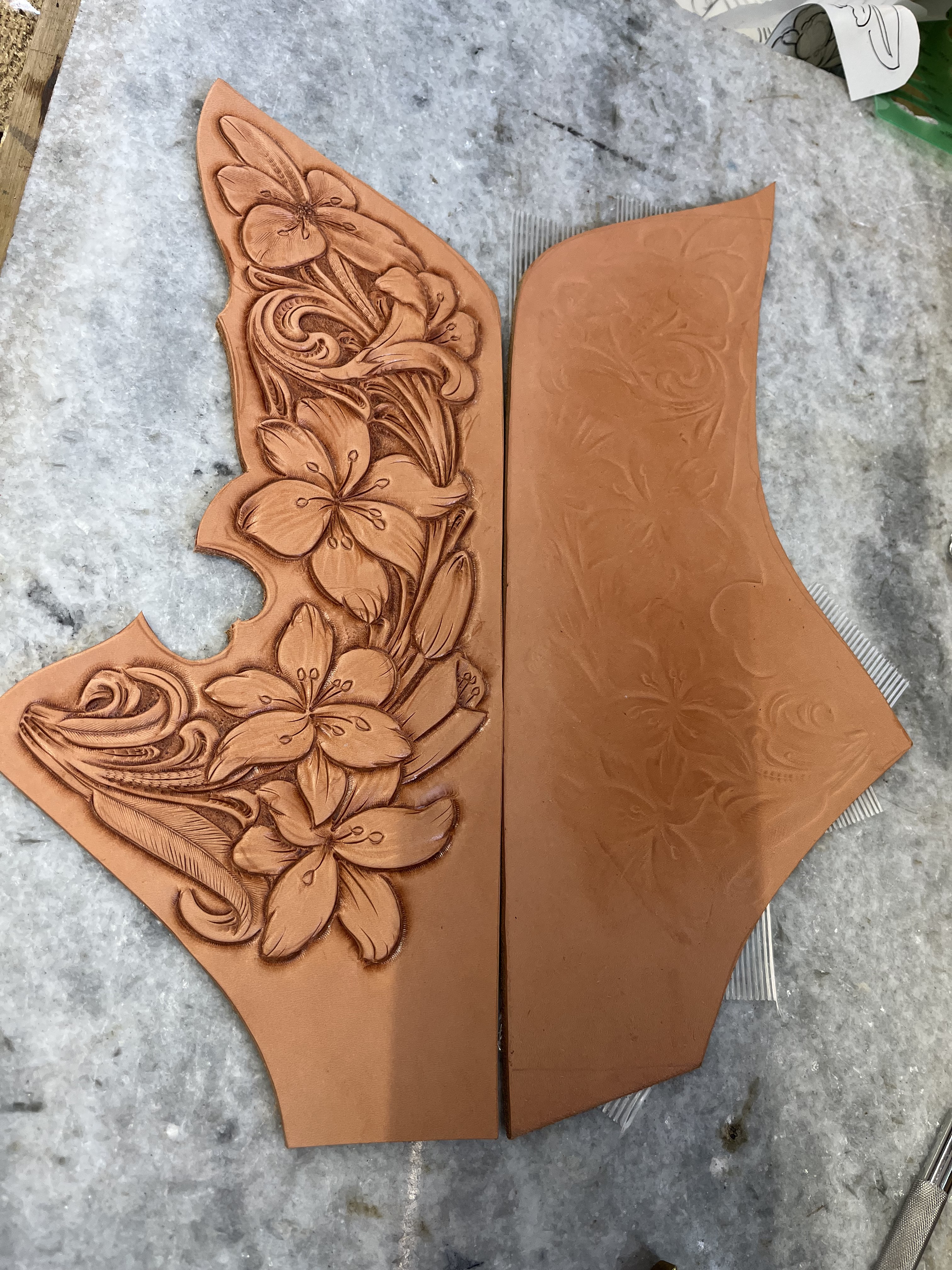 Close-up of finished hand-tooled leather chap yoke
