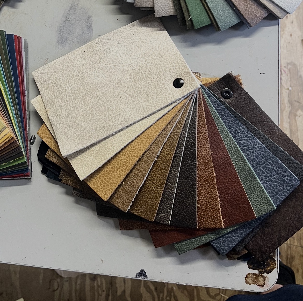 Leather swatch ring with every color and hide we offer